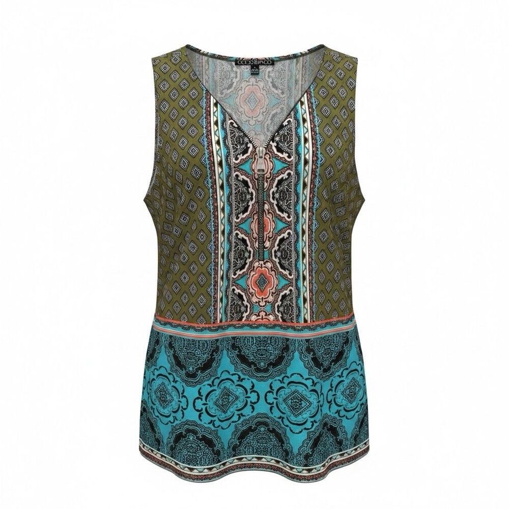 Coco Bianco Blue Grey VNeck Front Zipper Sleeveless Poly Tunic Top L